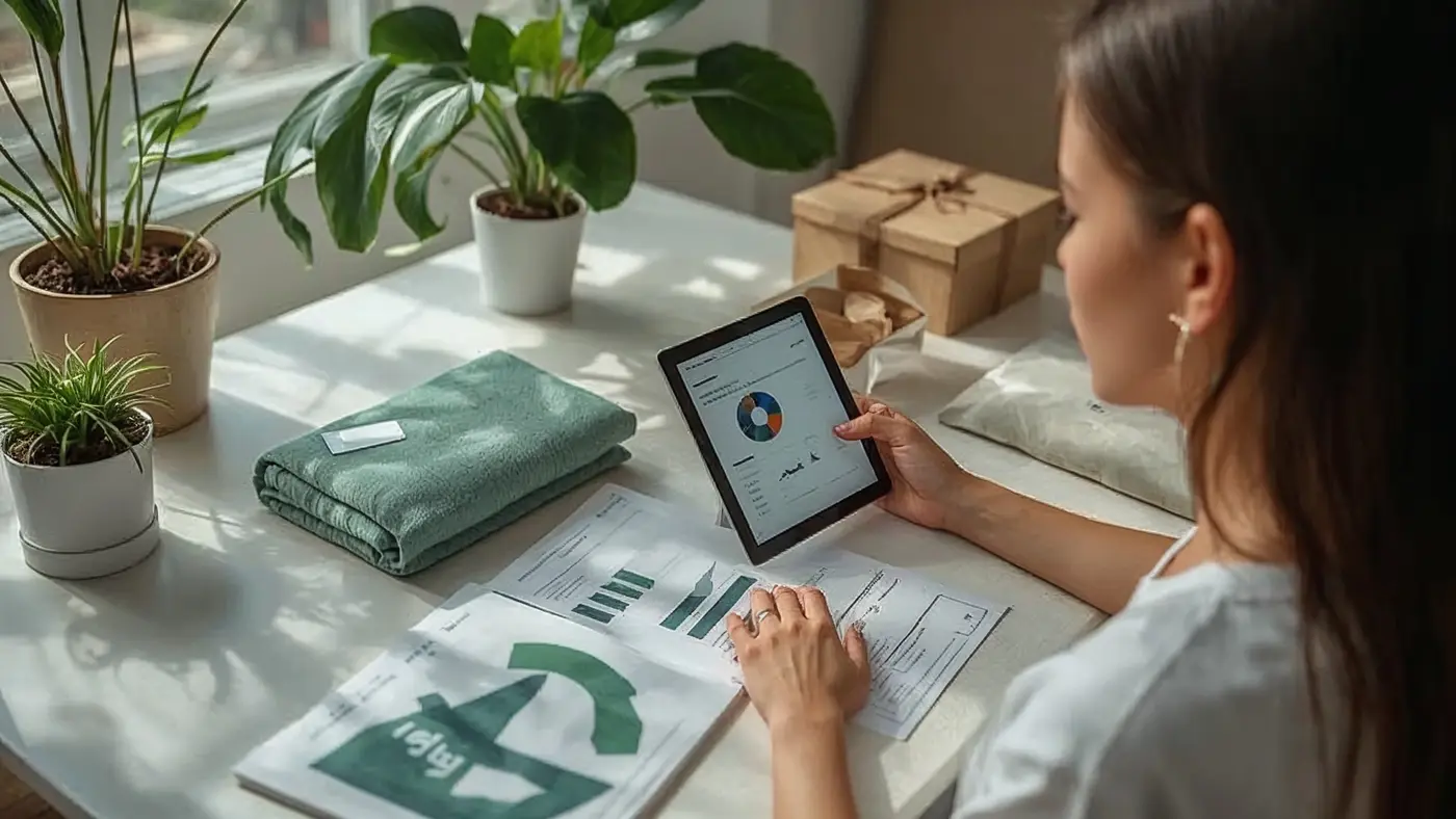 Apparel entrepreneur conducting a sustainability audit with eco-friendly fabric samples and digital analytics