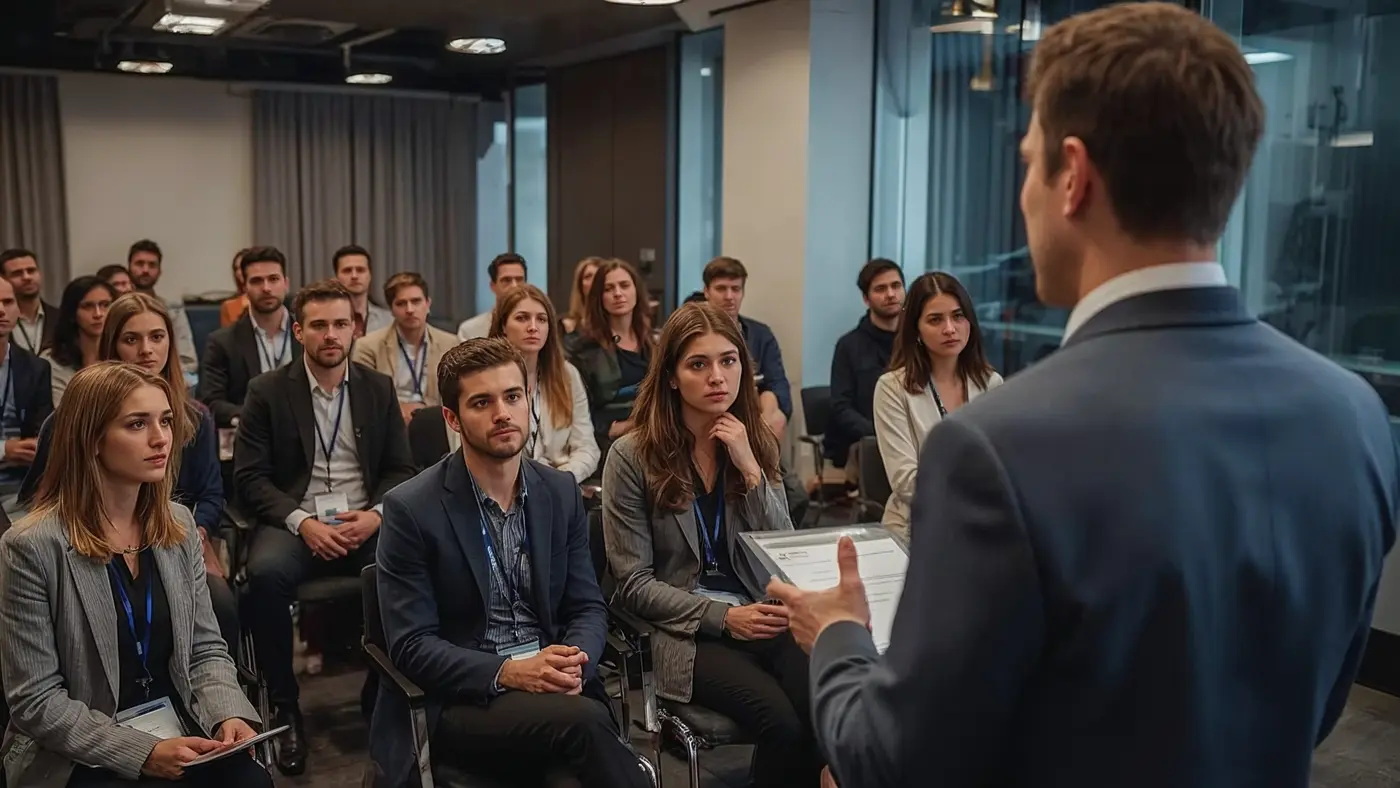 A motivational live workshop with a presenter engaging an attentive audience in a real event space.