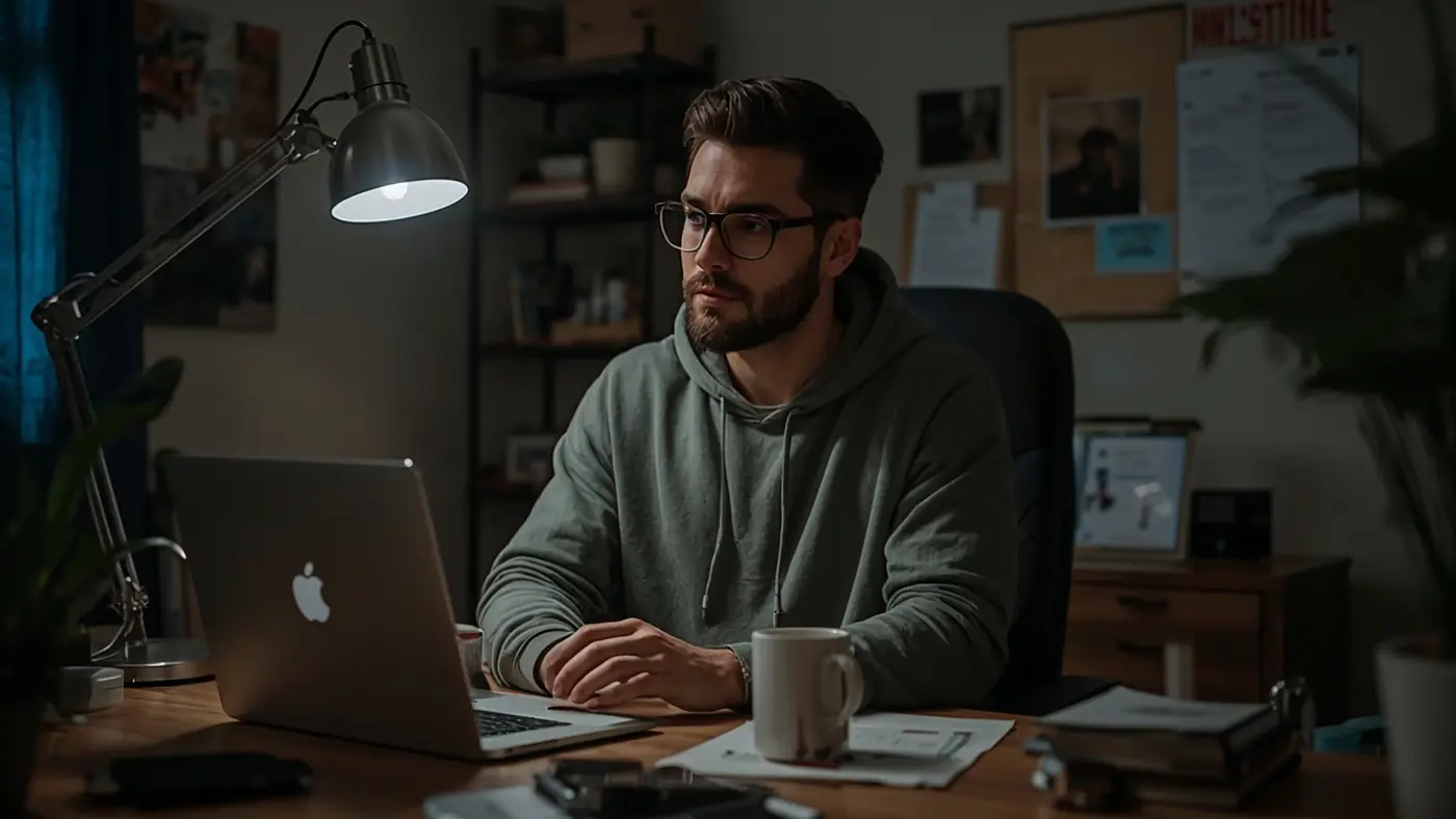 Hyper-realistic image of a solo entrepreneur reflecting in a home office, wearing motivational streetwear, with authentic lighting and a detailed workspace.