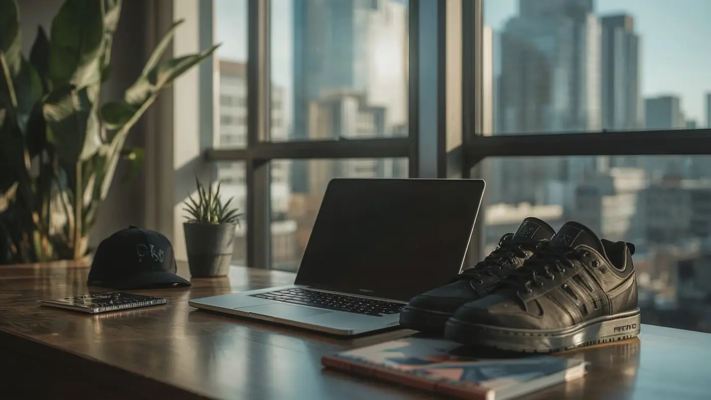 A modern workspace with streetwear items, laptop, and creative energy representing entrepreneurial hustle.