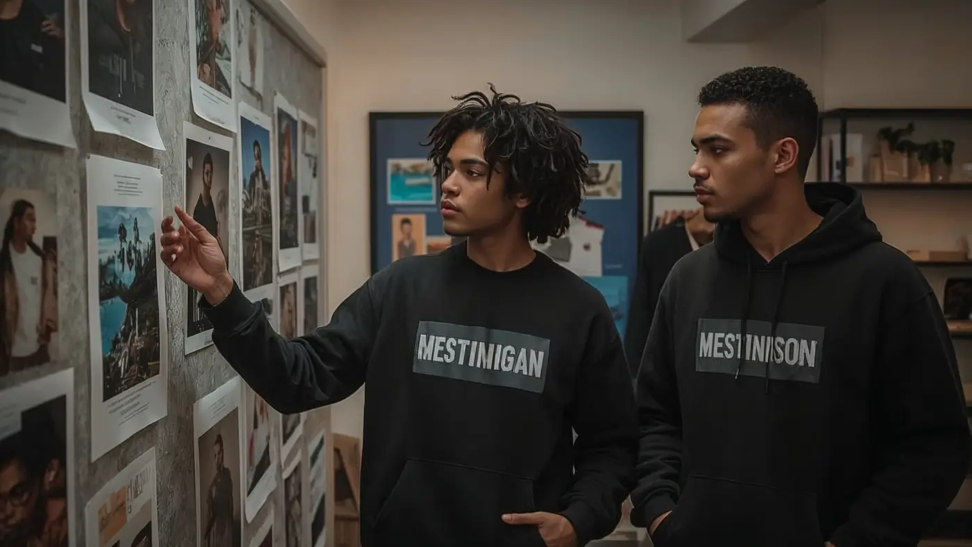 A hyper-realistic creative studio with two young adults collaborating, surrounded by streetwear and vision boards.