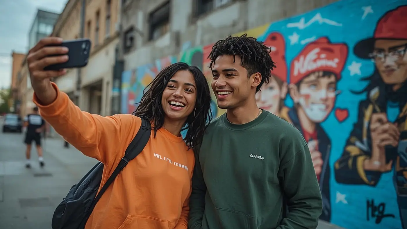 A hyper-realistic image of two diverse customers wearing motivational streetwear, taking a selfie together in an urban setting, radiating genuine happiness and community spirit.