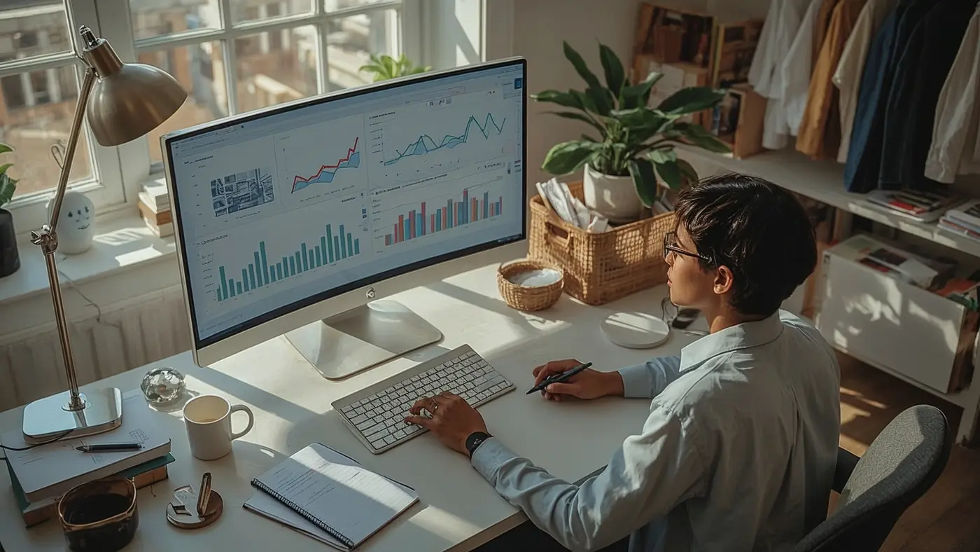 Hyper-realistic photo of a focused entrepreneur analyzing e-commerce analytics in a real home office, surrounded by apparel business materials and natural sunlight.
