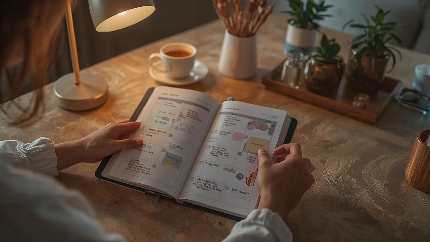 A realistic photo of a cozy Sunday evening with hands reviewing a planner filled with checkmarks, stickers, and motivational notes, warm lamplight illuminating the scene.