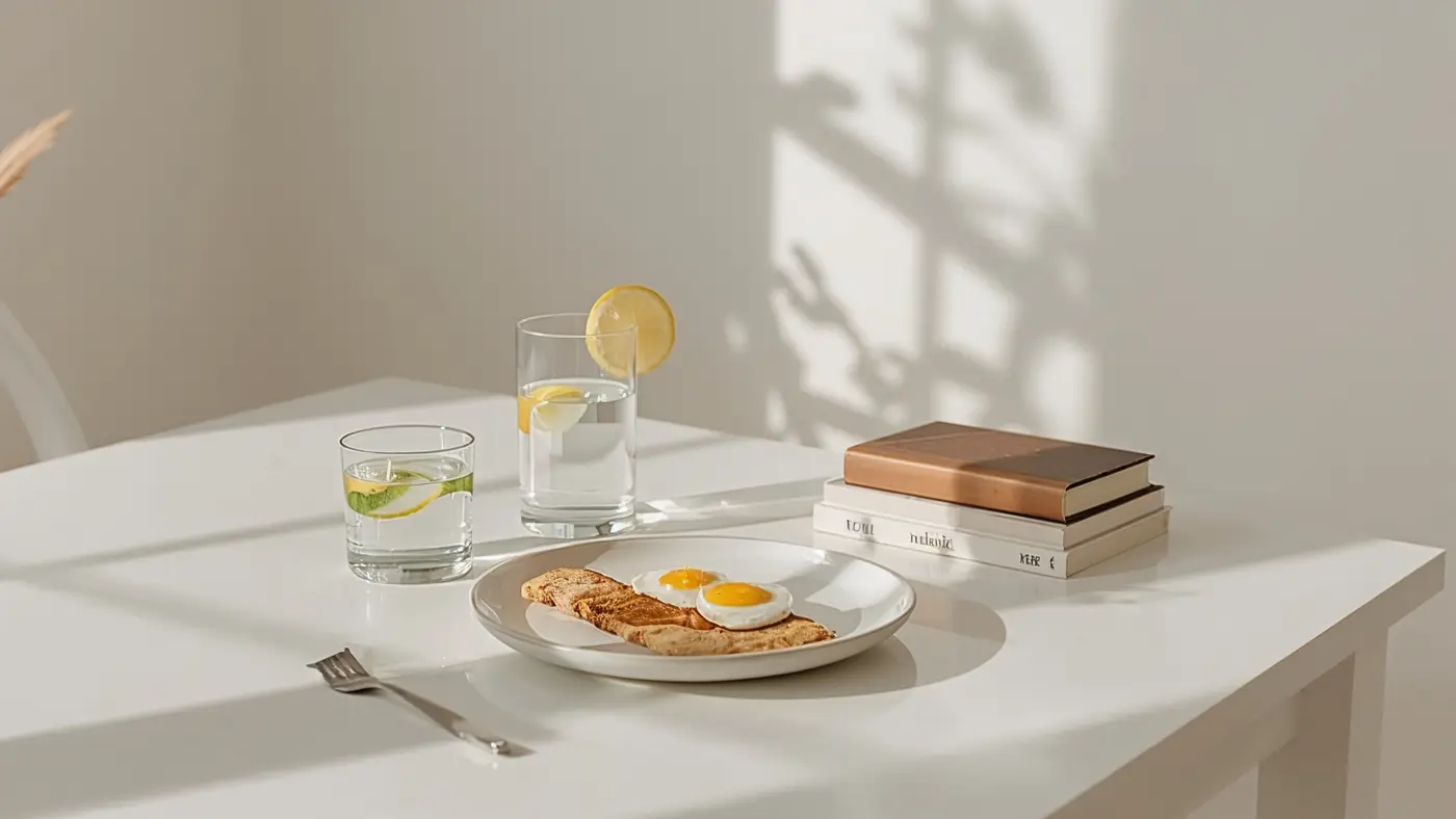 A hyper-realistic minimalist kitchen table with a glass of water, protein-rich breakfast, and business books bathed in soft morning sunlight.