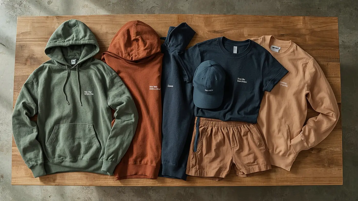 A hyper-realistic photo of motivational minimalist streetwear in earthy tones, neatly arranged on a well-lit wooden table, highlighting subtle motivational text.