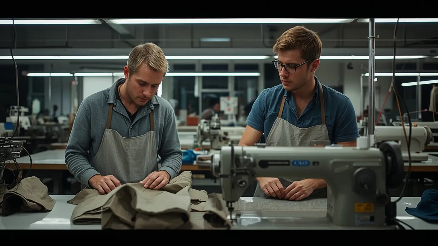 Two GSD Apparel workers in a real factory, one inspecting products, another sewing, in authentic lighting.