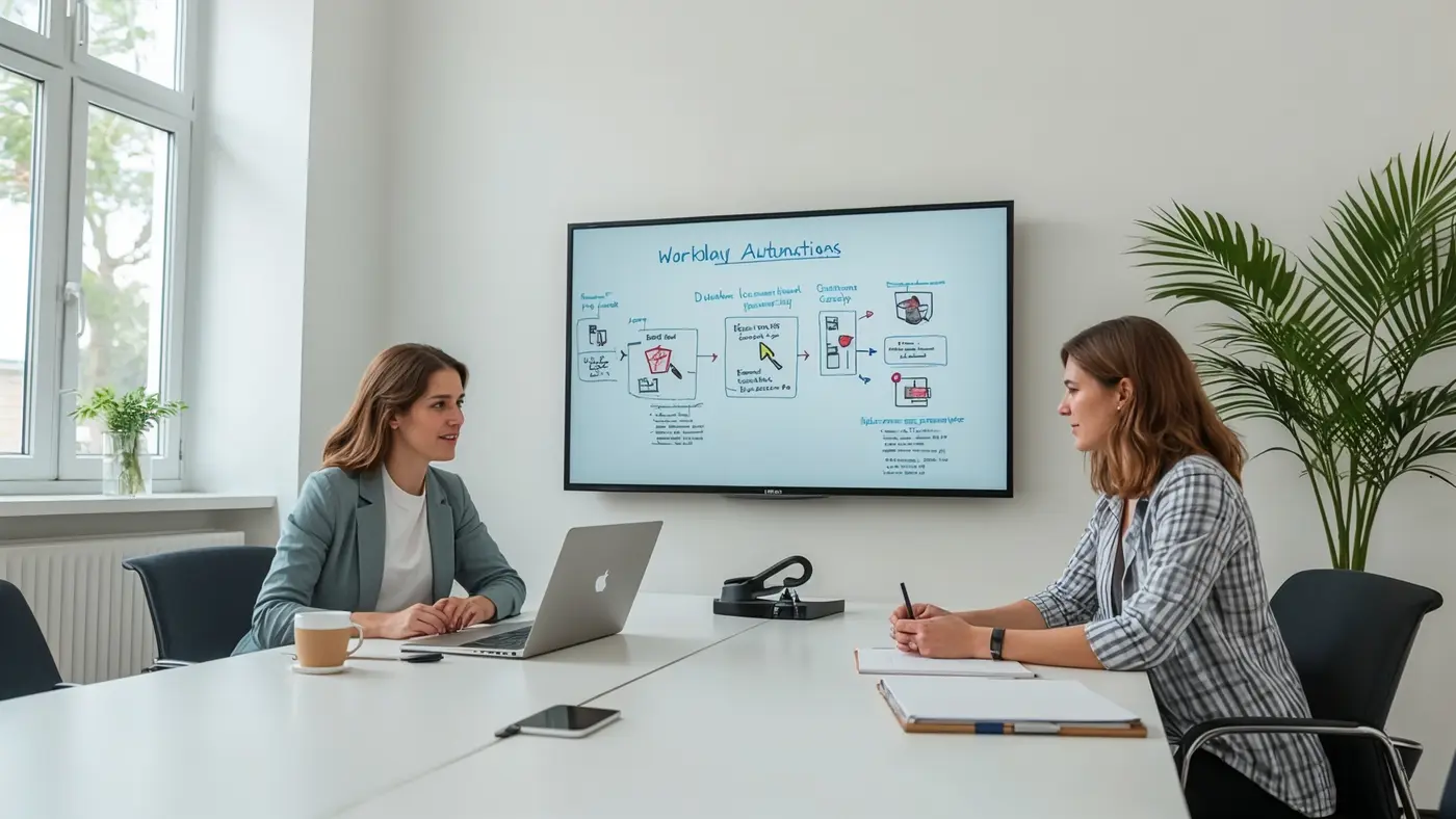 A hyper-realistic photograph of two professionals collaborating in a bright, modern meeting space with a shared digital whiteboard.