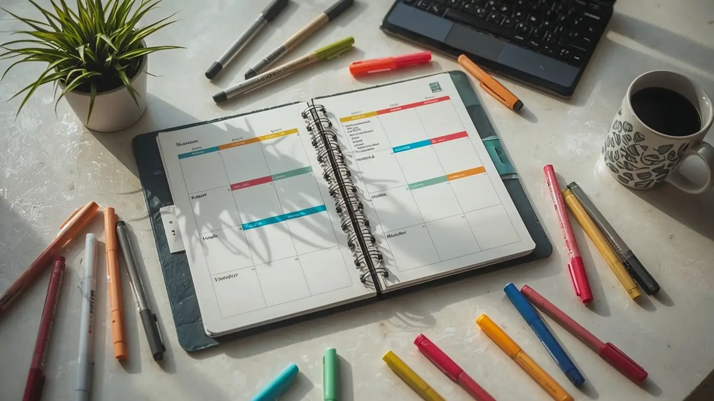 A hyper-realistic photo of a color-coded planner with symbols, assorted pens, and highlighters on a table, illuminated by daylight.