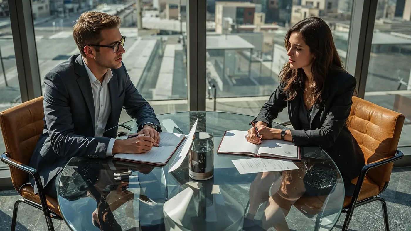 A hyper-realistic image of two professionals discussing their planners at a modern office table with realistic daylight.