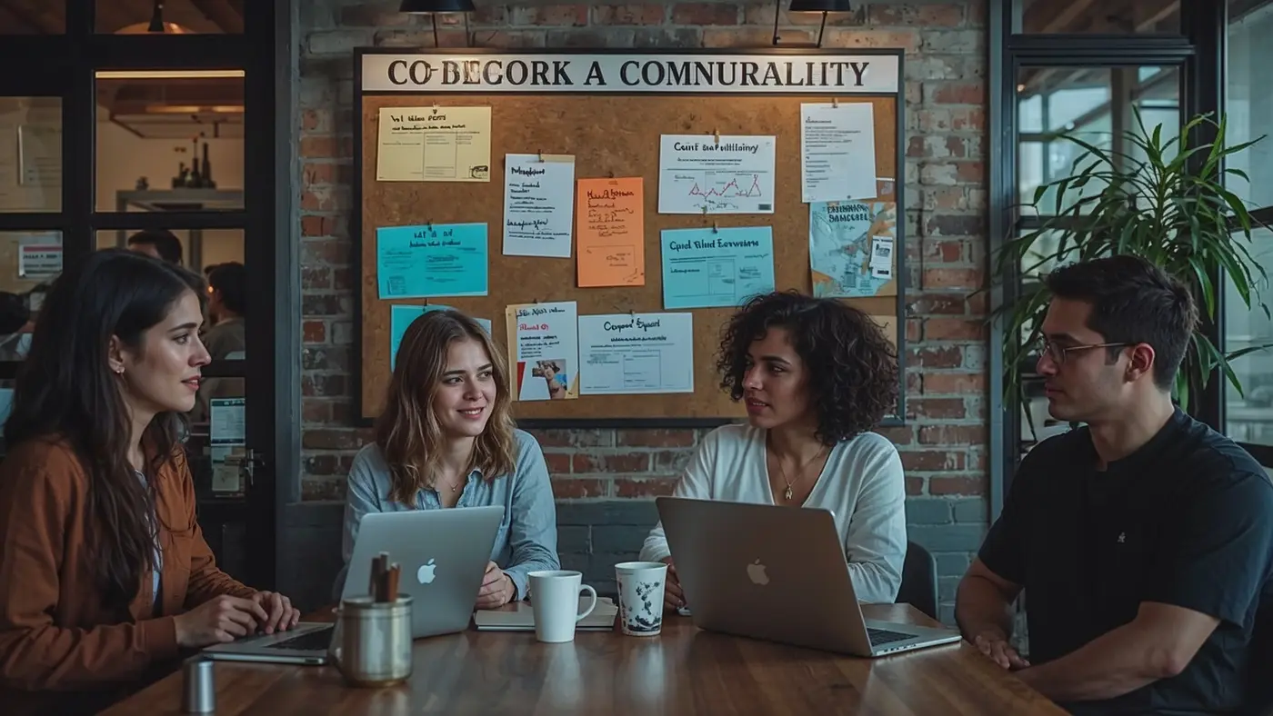 Two entrepreneurs sharing goals at a coworking space, surrounded by laptops, coffee, and a community board full of handwritten objectives.