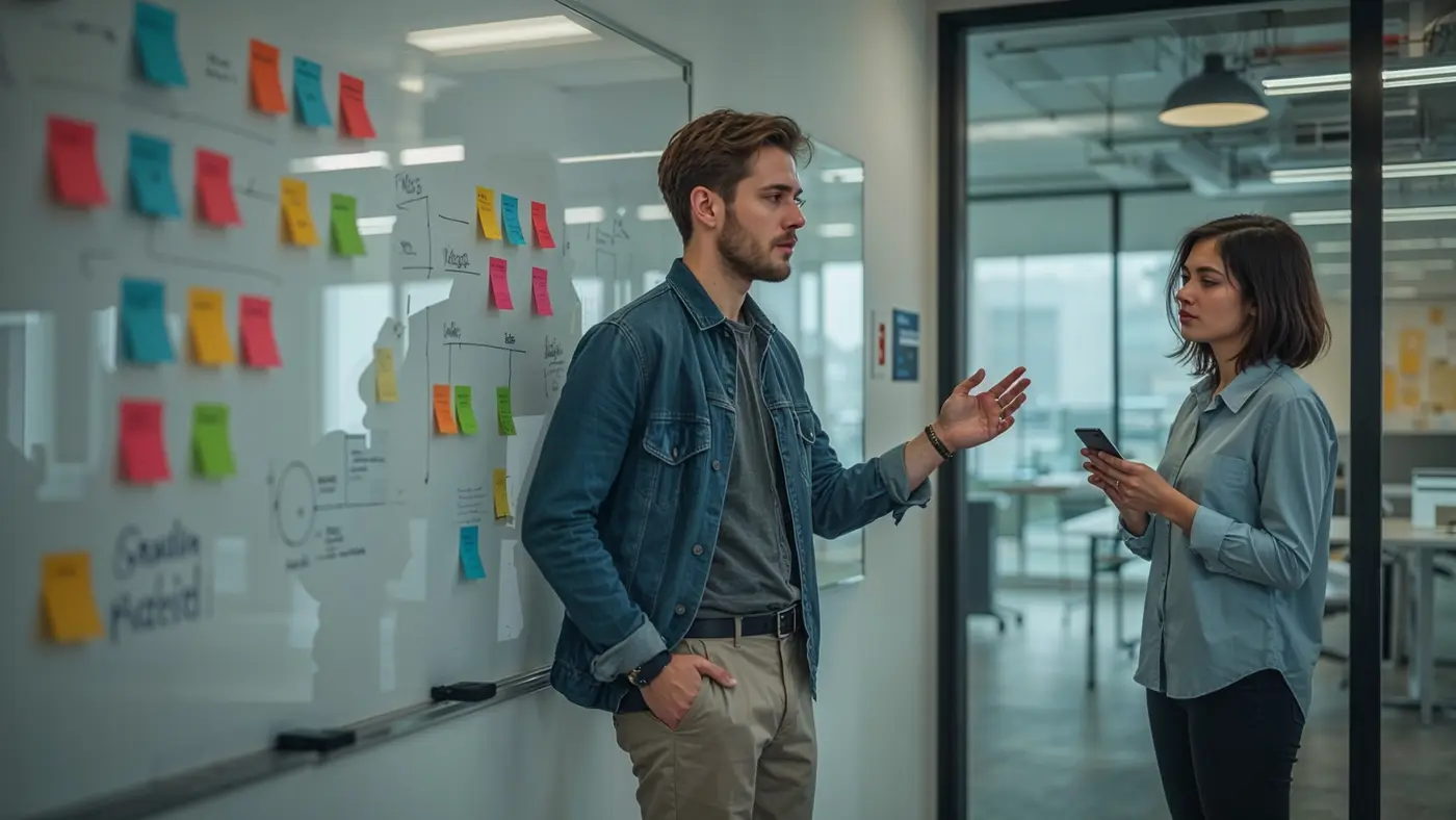 A hyper-realistic image of two entrepreneurs collaborating at a whiteboard with sticky notes, in a modern office.