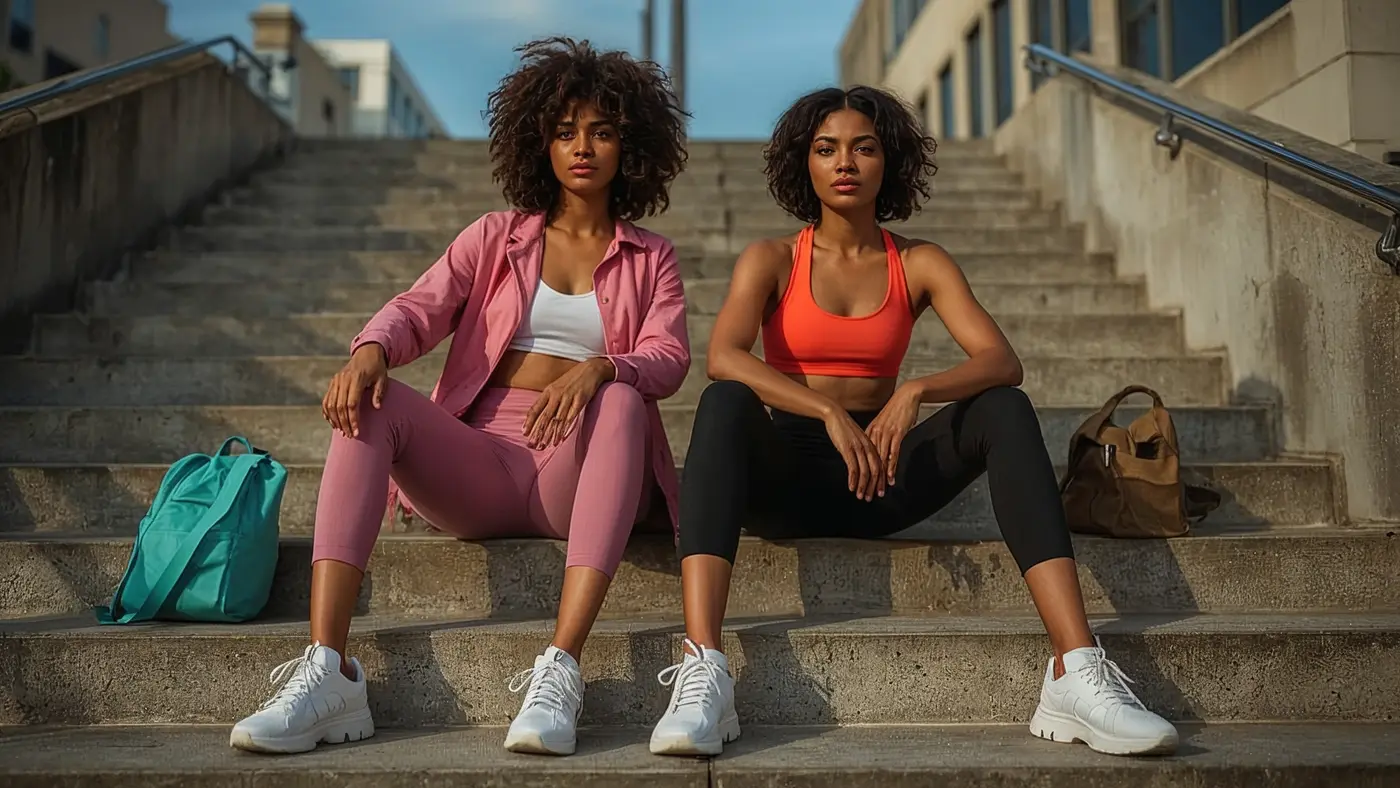 A hyper-realistic photo of two people in bold sustainable activewear, sitting on city steps after a workout, with reusable water bottles and eco-friendly gym bags, during golden hour.