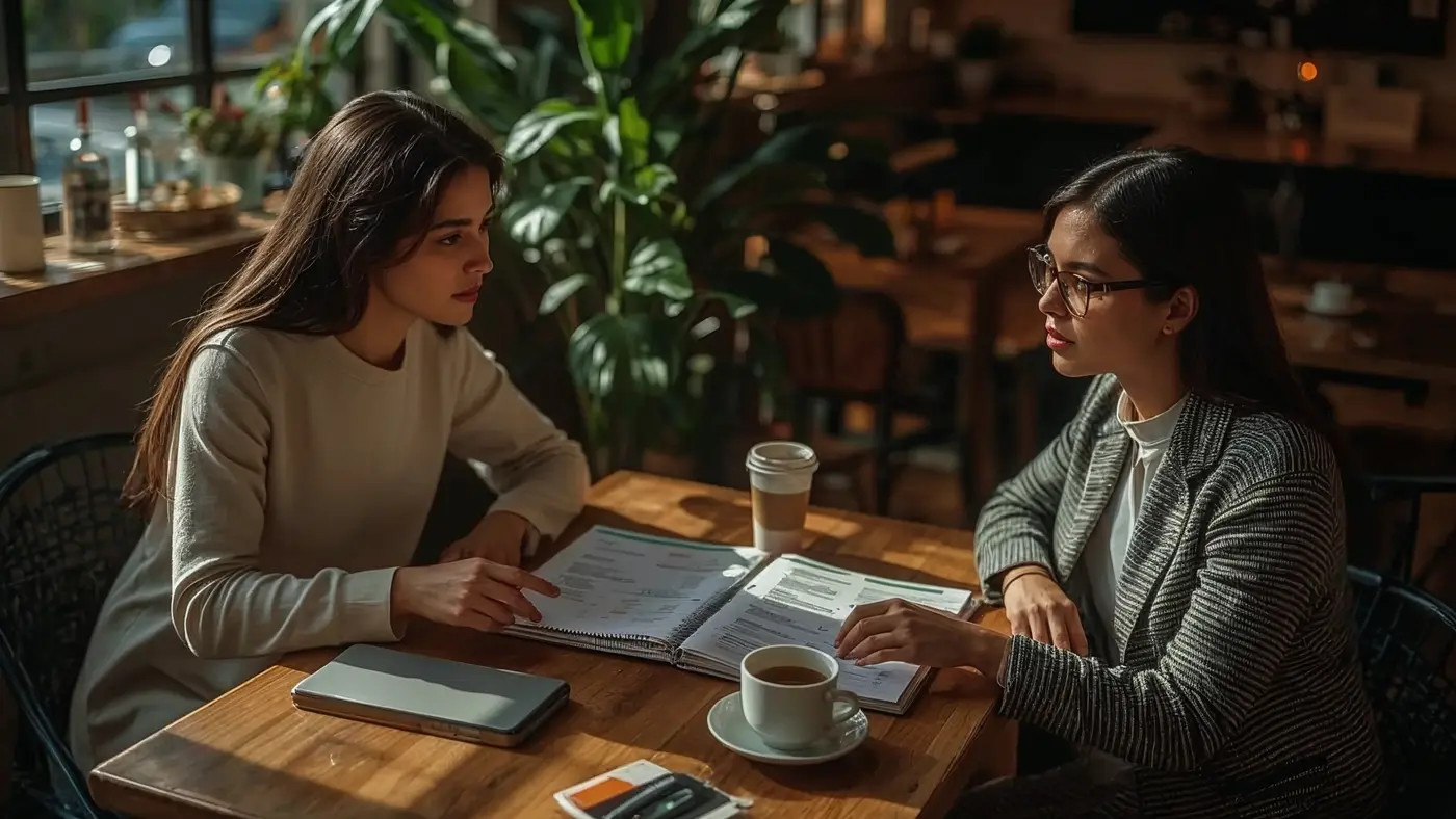 Two people in a cozy café, deeply engaged in a mastermind planning session with open planners, coffee, and focused conversation.