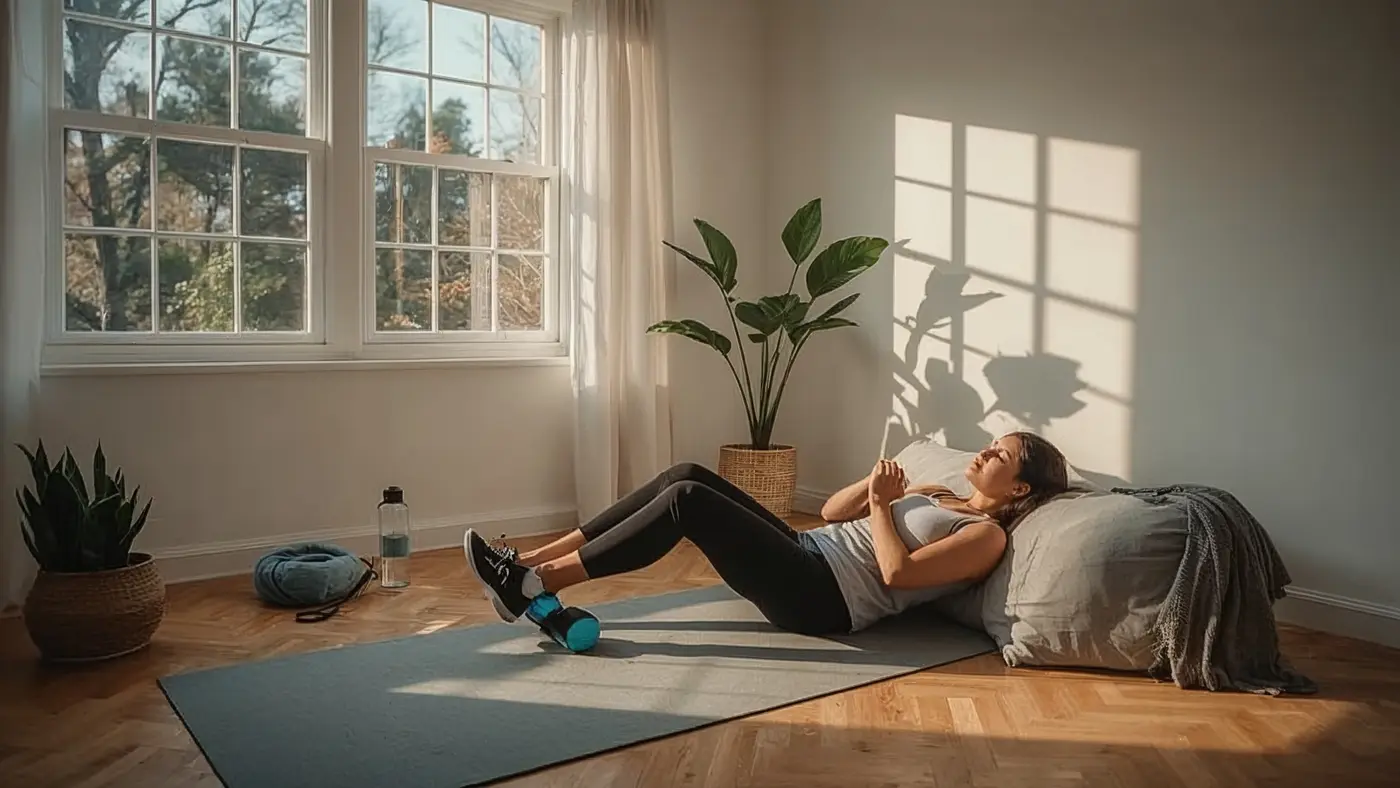 Person using massage gun in a sunlit modern home recovery space