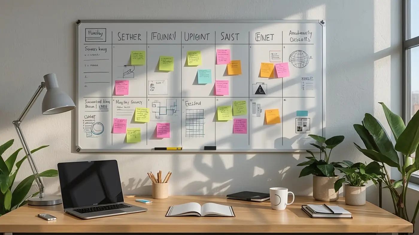 A hyper-realistic workspace with a whiteboard covered in sticky notes, a laptop, planner, and coffee, illuminated by natural daylight.