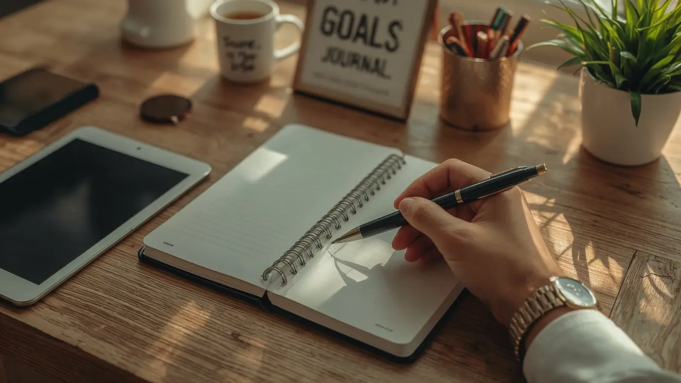 A hand checking off completed goals in a journal, with a digital tablet and motivational items on a tidy workspace.