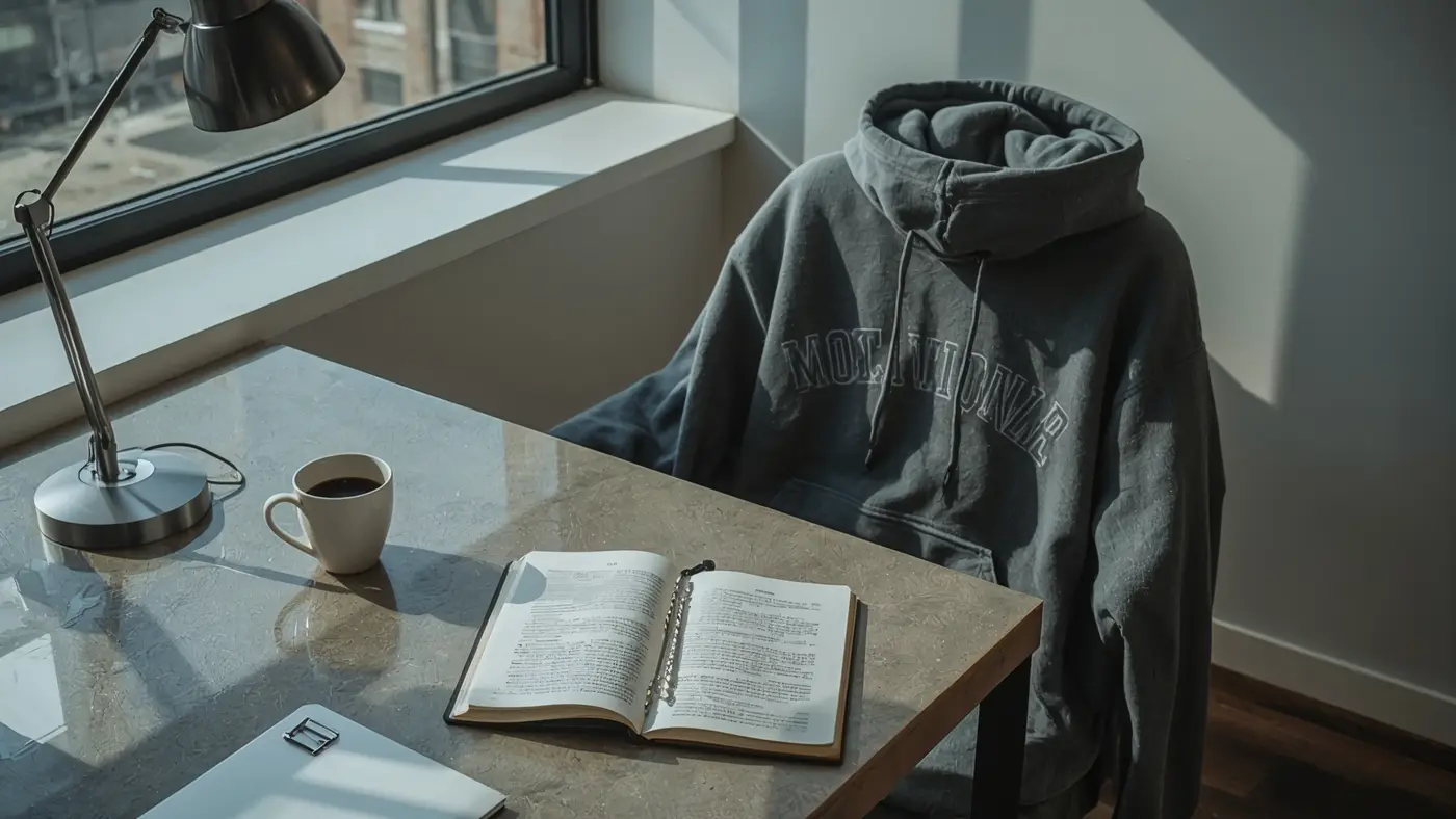 A hyper-realistic photo of a modern workspace with a journal, coffee cup, and motivational hoodie, sunlight streaming through a window.
