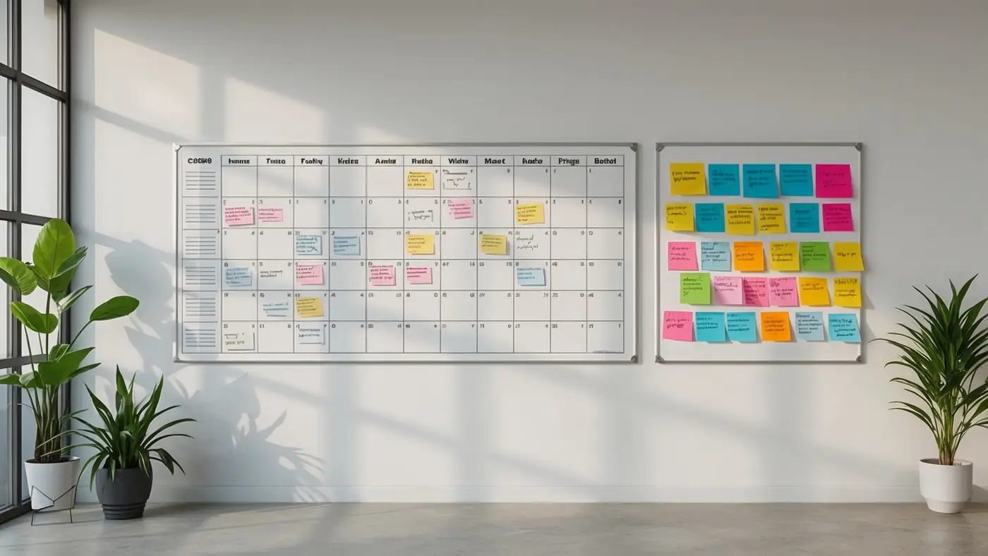 A hyper-realistic modern office workspace with a large wall calendar, a whiteboard filled with brainstorming notes, and colorful sticky notes arranged for project planning. No people are visible, emphasizing organization and visual productivity tools.