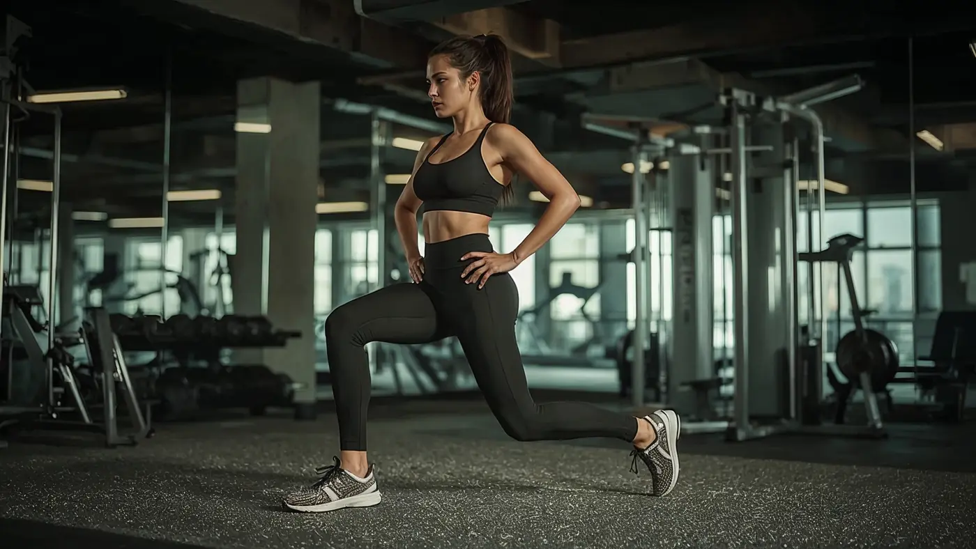 Professional in modern activewear performing functional fitness exercise in upscale gym, natural lighting, focus and discipline evident.
