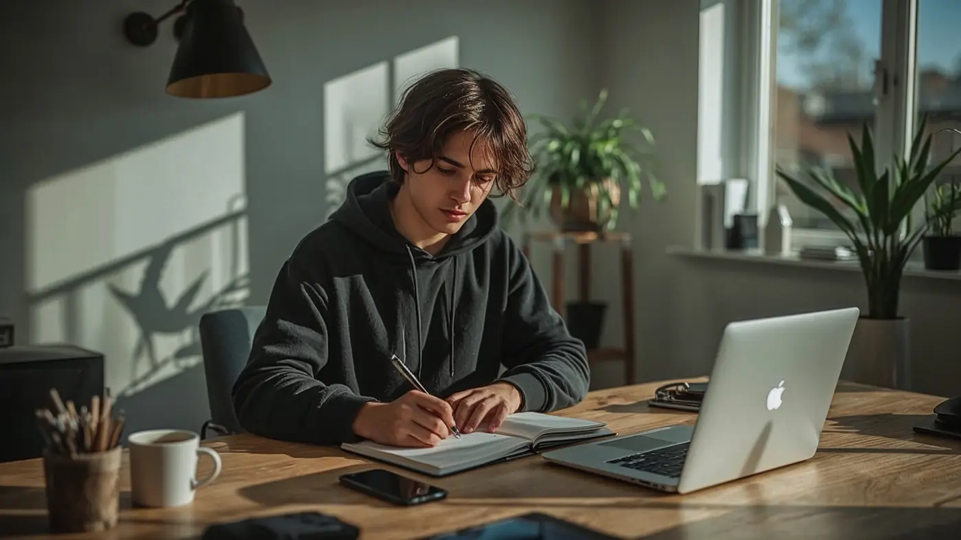 Entrepreneur in streetwear hoodie planning in a sunlit home office