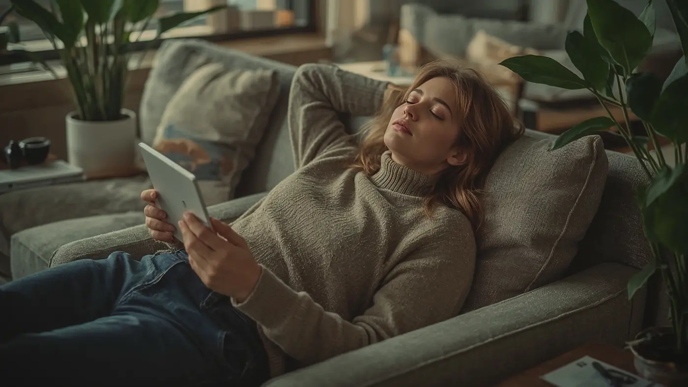 A hyper-realistic scene of a high performer relaxing in a modern lounge area, taking a restorative break.