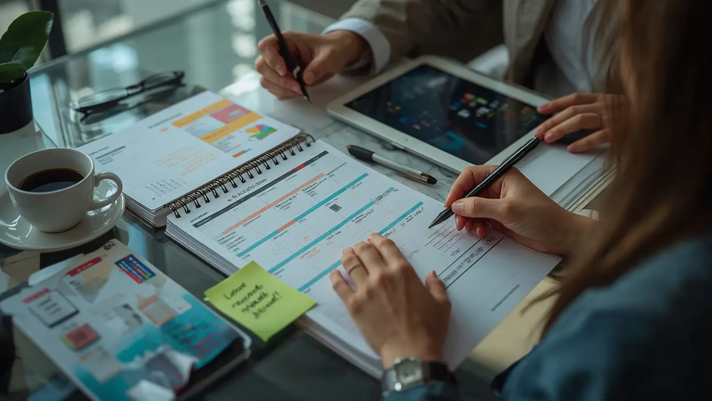 Streetwear brand entrepreneur planning a detailed content calendar with planners, sticky notes, and digital devices in a well-lit workspace.