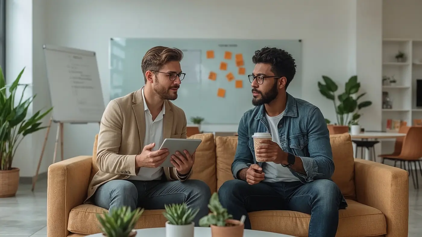 Two entrepreneurs having an authentic discussion in a minimalist office lounge, one holding a tablet and the other a coffee, with soft natural lighting and a feedback whiteboard in the background.