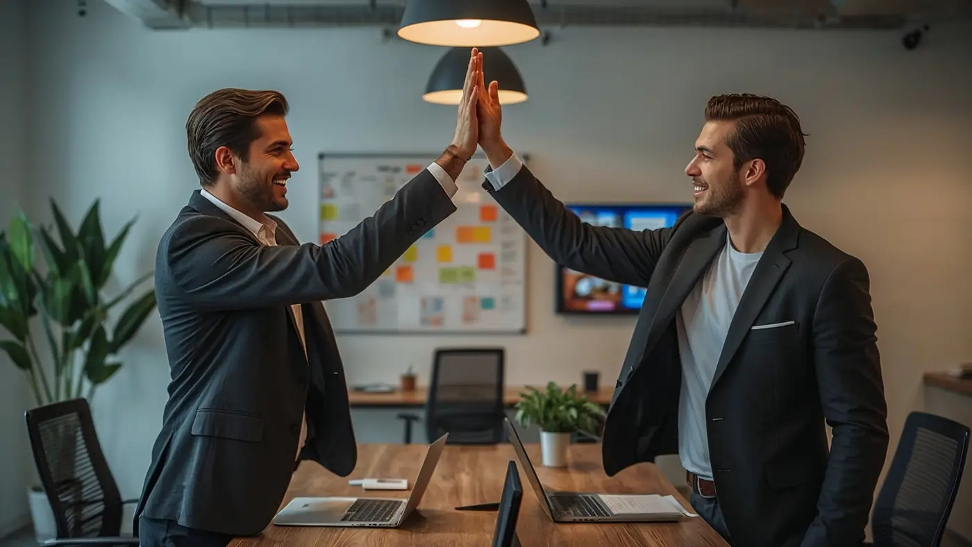 Two business professionals high-fiving in a modern office with productivity tools and vibrant natural lighting