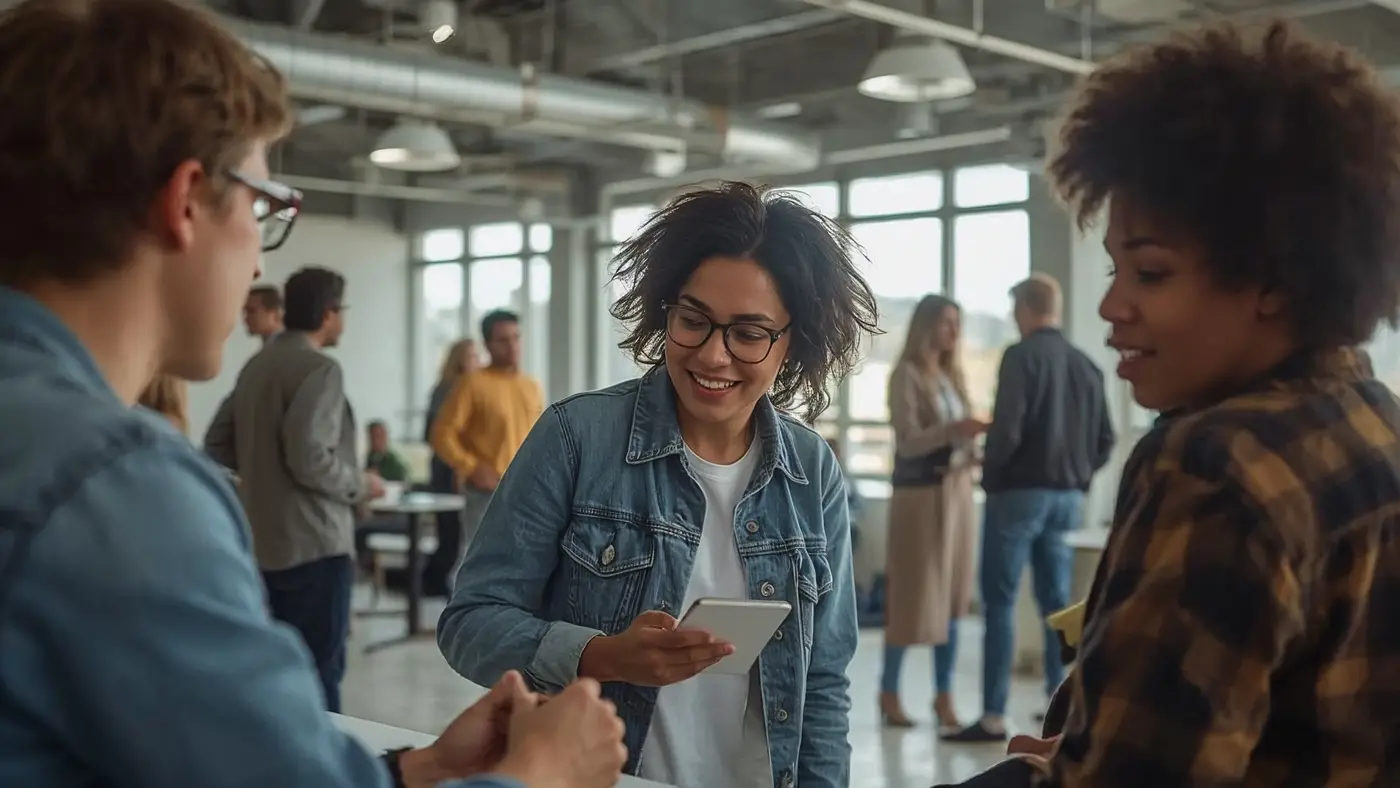 Hyper-realistic photo of a diverse group of community members at a workshop, with two people collaborating over a laptop in a sunlit modern event space.
