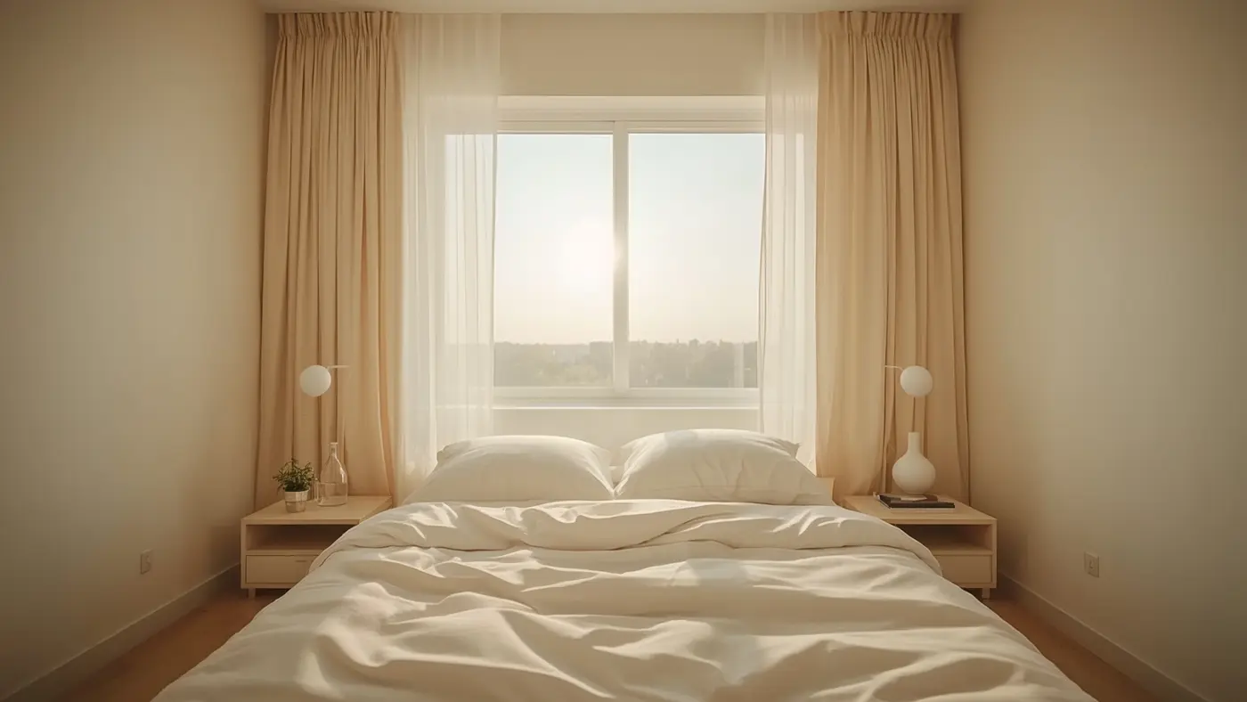A hyper-realistic photo of a serene, minimalist bedroom at sunrise with a neatly made bed, a nightstand with a water glass, and warm natural light highlighting a calm and organized atmosphere.