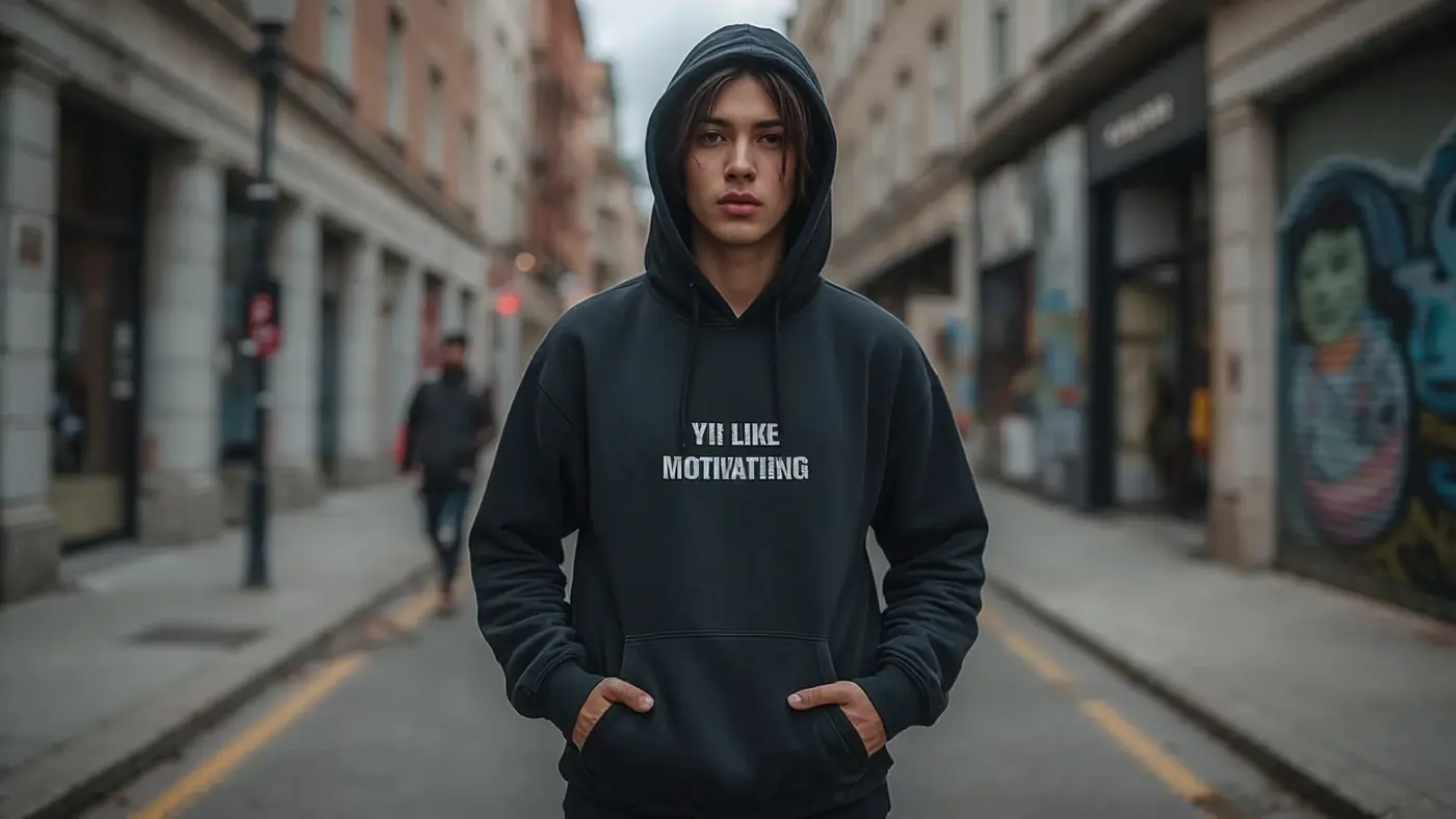 Confident person wearing motivational streetwear in an urban city setting
