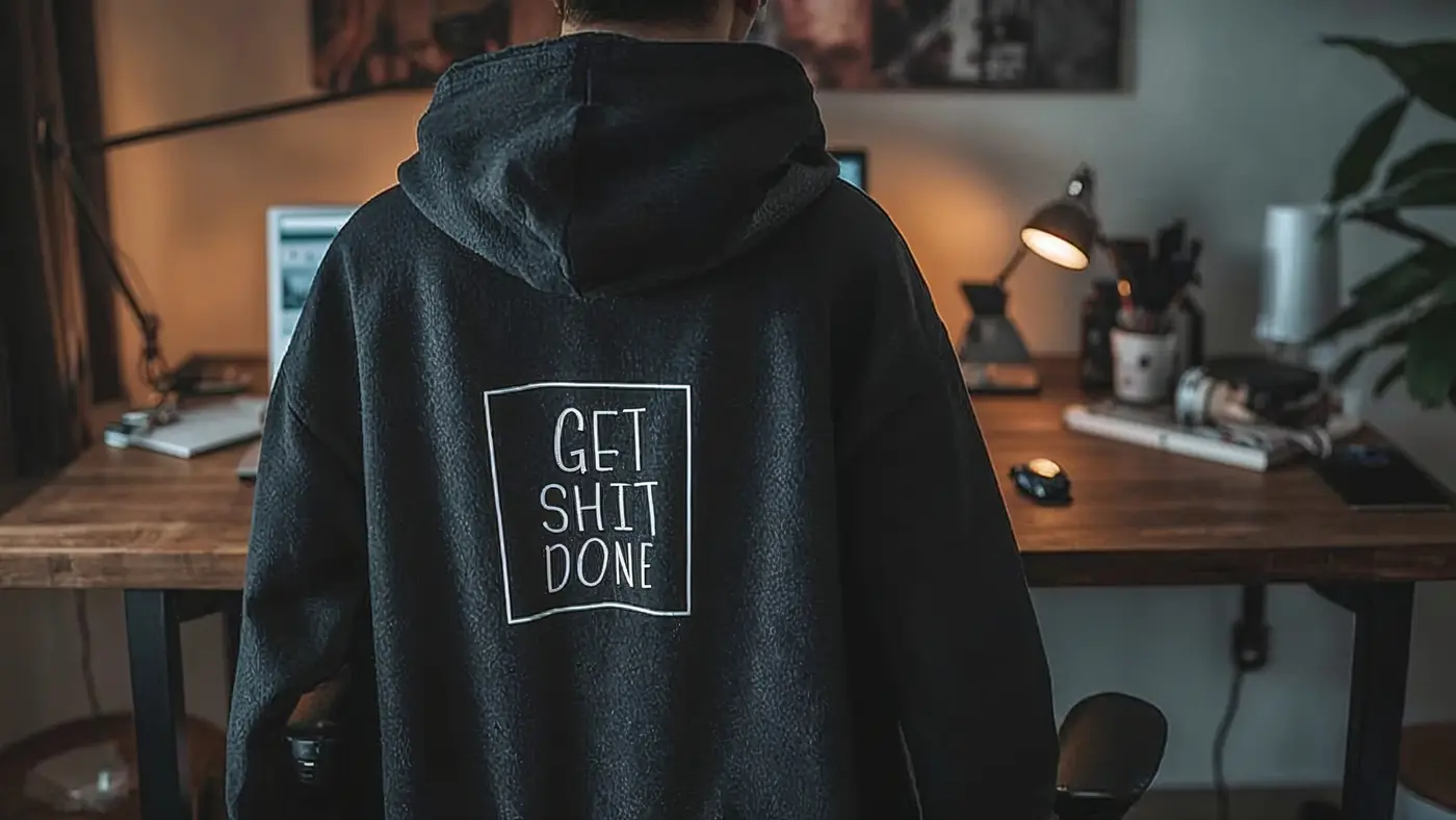 A hyper-realistic close-up of a stylish workspace featuring a GSD hoodie on a chair and an open laptop displaying a motivational page.