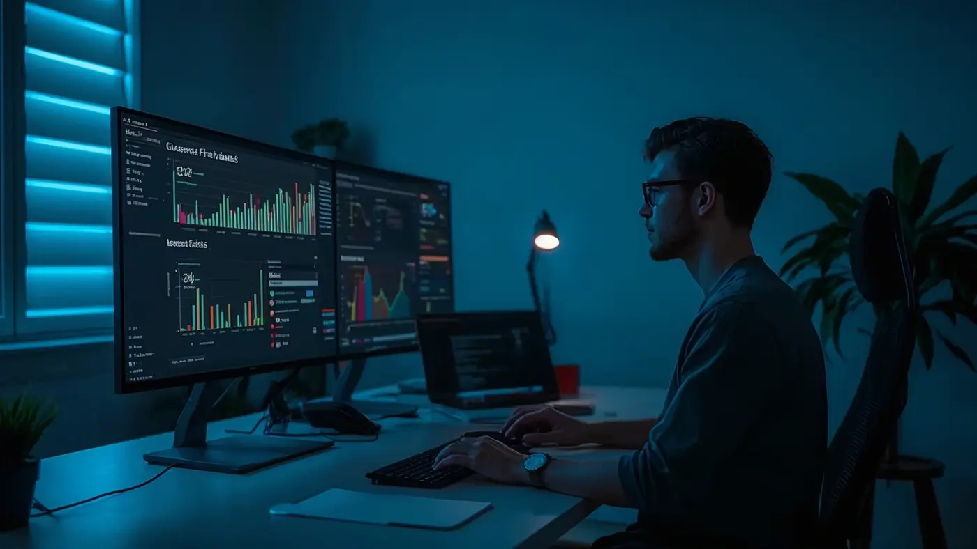 An entrepreneur analyzing customer feedback and marketing analytics in a modern workspace, focusing on evolving their brand story.