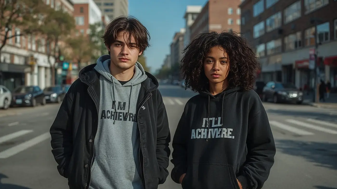 Hyper-realistic photo of two young adults in motivational streetwear, standing confidently in an urban cityscape with natural sunlight.