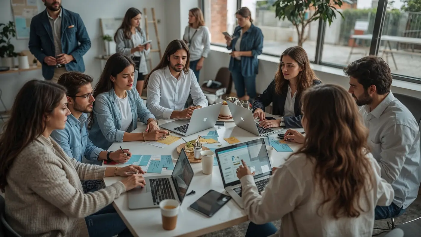 Entrepreneurs collaborating at a community workshop, engaging in brainstorming with laptops and post-it notes in a real, energetic setting.