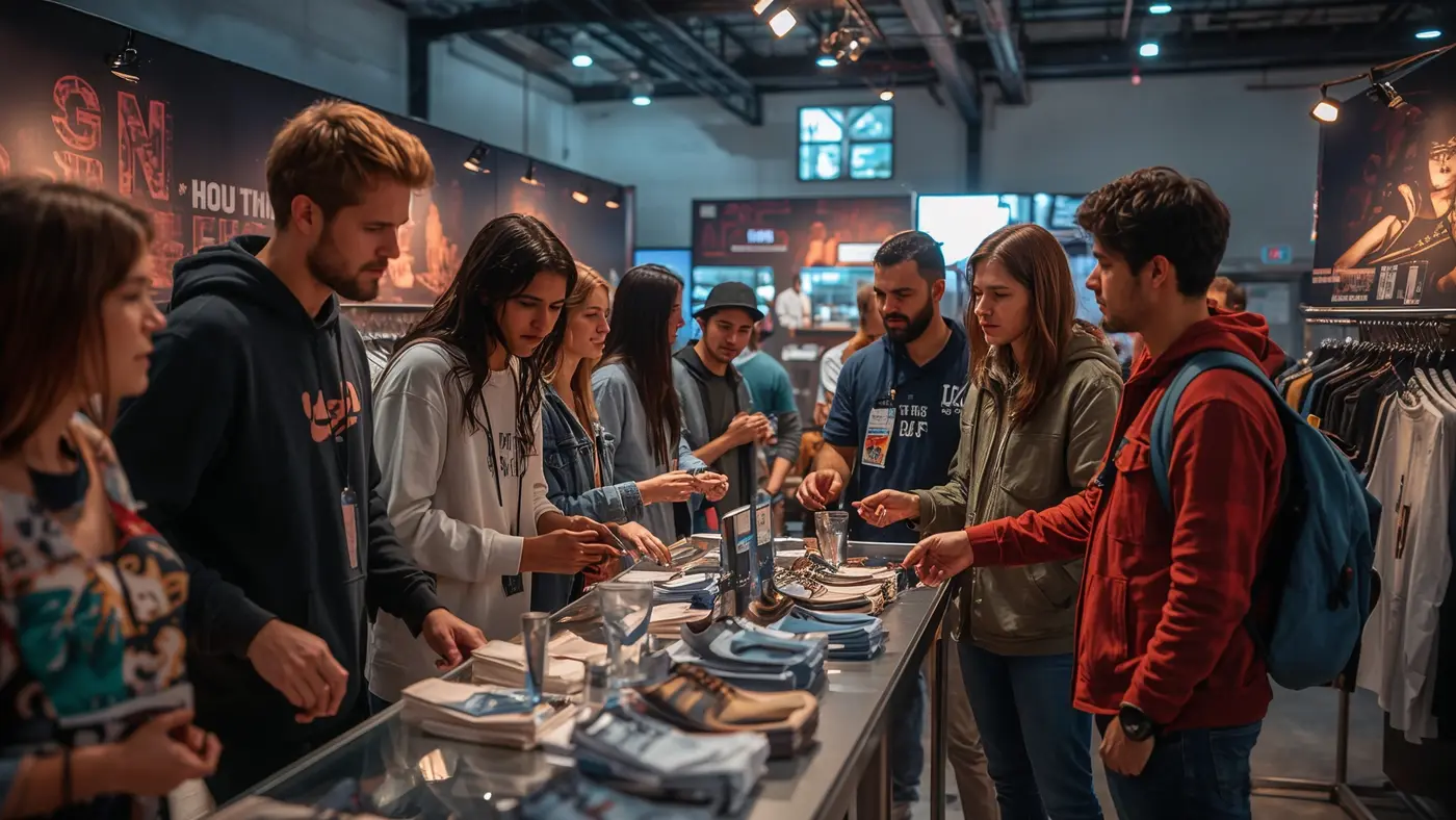 A hyper-realistic photo of a modern pop-up streetwear retail event with young adults engaging, natural daylight, branded displays, and energetic community atmosphere.