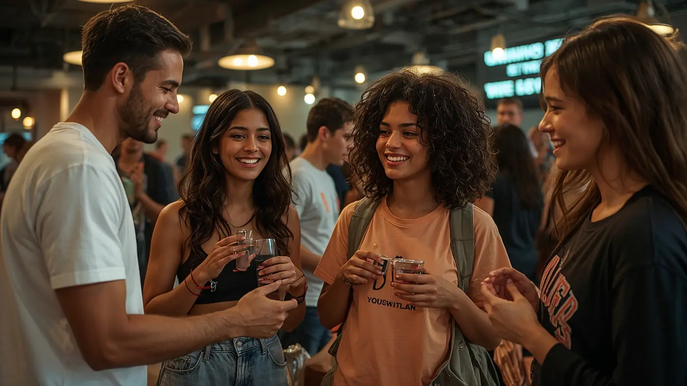 A hyper-realistic image of a brand community event, showing two people connecting over branded merchandise in a casual urban setting with warm lighting.