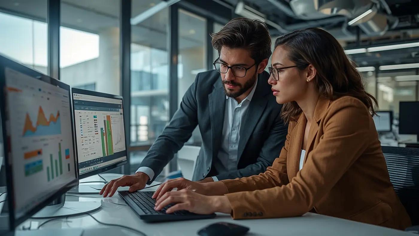 Two professionals collaborating over digital project management tools in a bright office