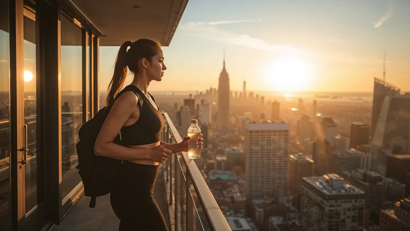 A hyper-realistic photo of a young professional in athletic wear on a city balcony at sunrise, holding a water bottle and overlooking the skyline, embodying determination and readiness.