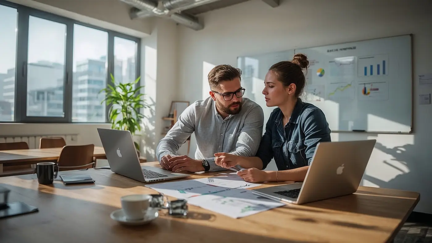 Two entrepreneurs collaborating in a modern co-working space, focused on planning and data analysis. Bright natural daylight highlights their teamwork and disciplined strategy session.