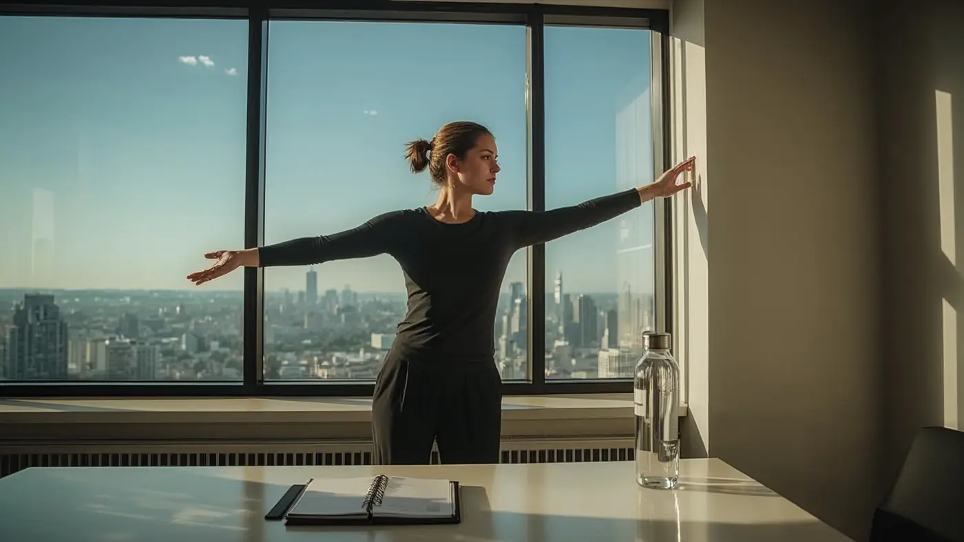 Fit professional stretching by a window, sunlight streaming in, planner and water bottle on a tidy desk.