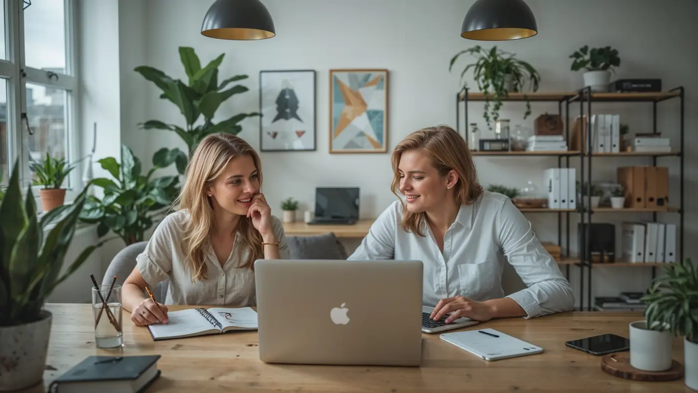Hyper-realistic photo of two motivated individuals collaborating in a bright, modern home office, surrounded by tech and inspirational decor.