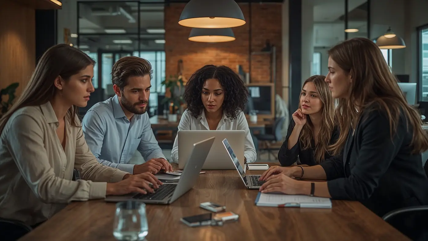 A diverse group of professionals collaborating at a modern office table, focused on developing a compelling founder brand story.