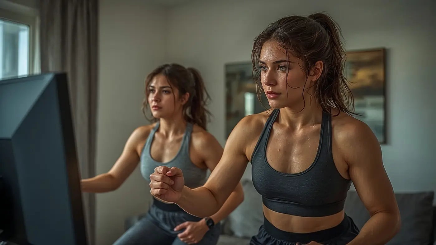 Two athletic individuals participating in a virtual group workout from home, focused and motivated, with a fitness app on screen and natural daylight.