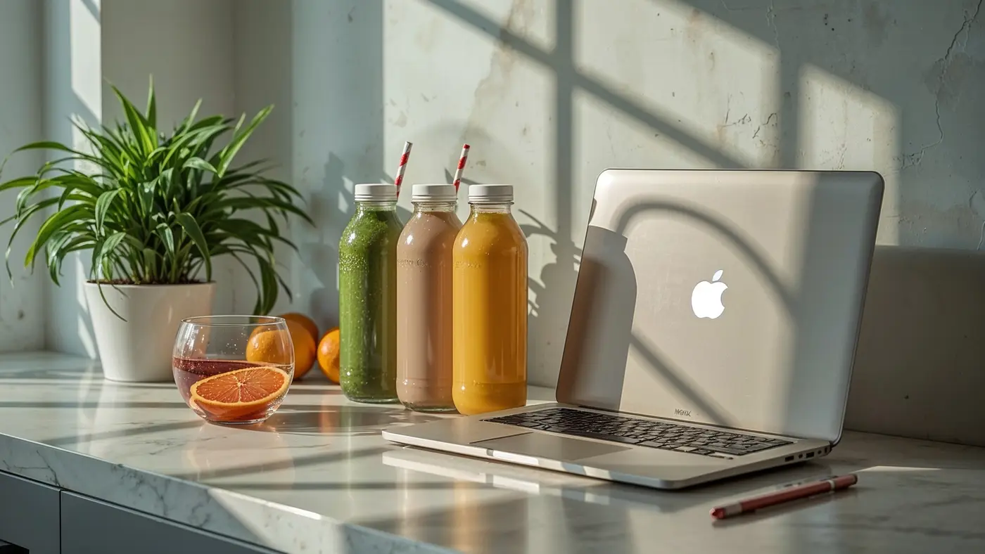 A hyper-realistic photo of a modern kitchen counter featuring wellness drinks, a green juice, protein shake, and a branded water bottle beside a sleek laptop in soft morning light.