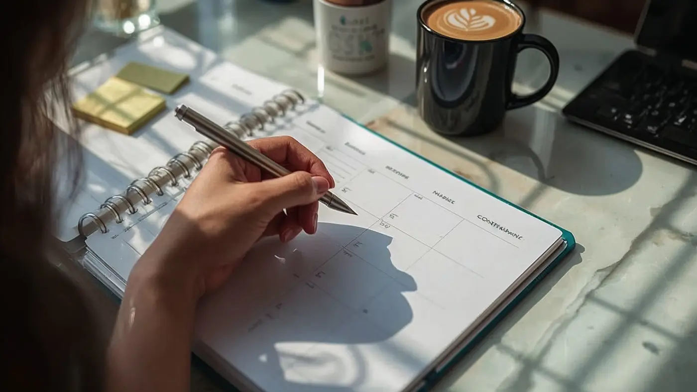 A hyper-realistic close-up photo of a person conducting a weekly review ritual with their planner, checking off tasks with a coffee mug and sticky notes nearby in natural light.