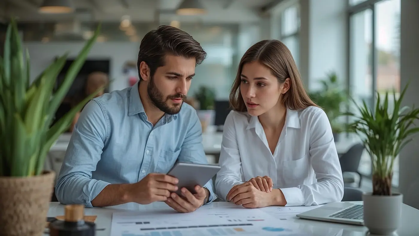 A hyper-realistic photo of two entrepreneurs collaborating in a modern office, reviewing data on a tablet and printed charts, with bright, realistic lighting and a creative workspace.