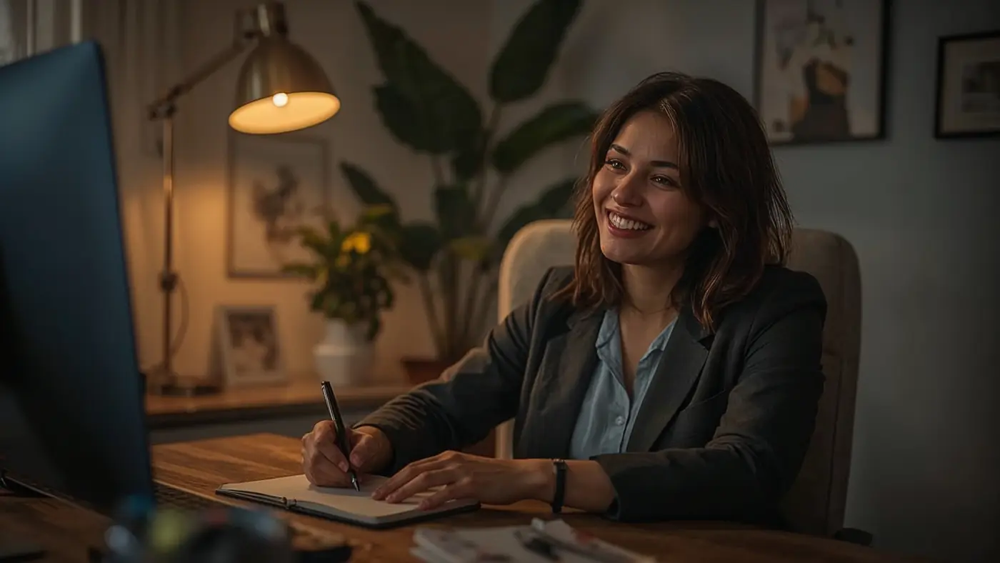 A hyper-realistic photo of a professional celebrating a small win in a cozy home office, smiling and journaling in soft evening light.