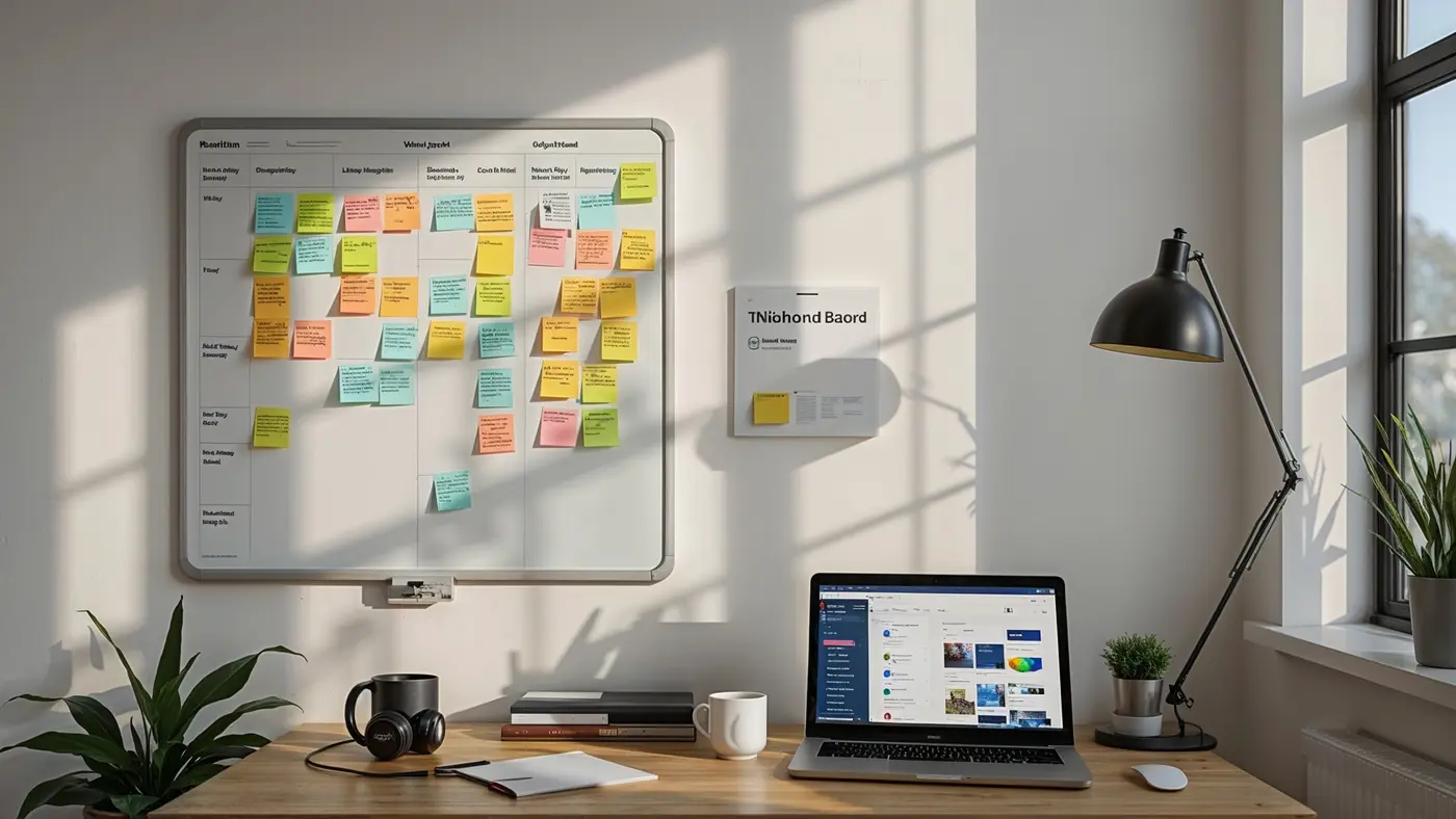 A hyper-realistic photo of a modern workspace with a Kanban board, colorful sticky notes, and productivity tools on a neatly arranged desk, captured in natural light.